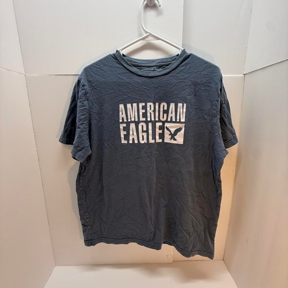 American Eagle Mens Graphic T-Shirt Grey Blue Cotton Logo Tee Large